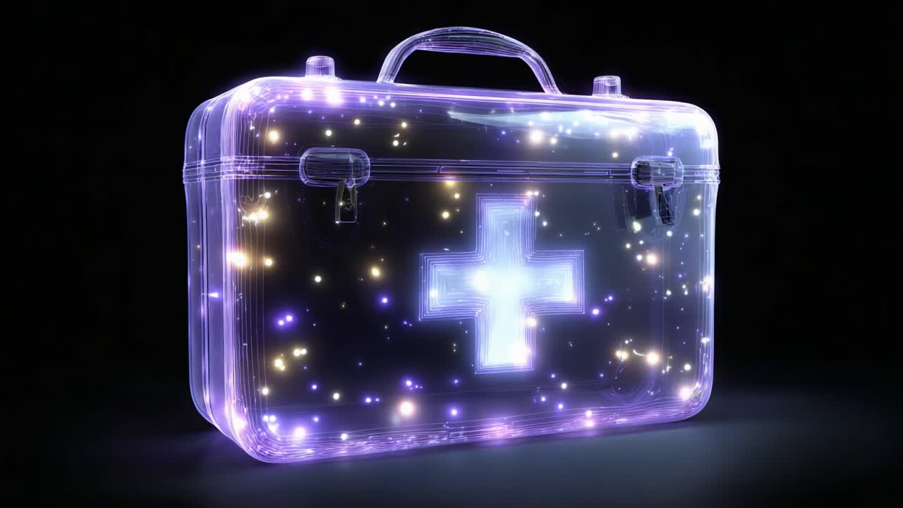 A Glowing Medical Kit: Illuminated First Aid Box with Sparkling Effects and a Cross Symbol, Featuring a Modern Design and Exquisite Visuals for Health and Safety Themes
