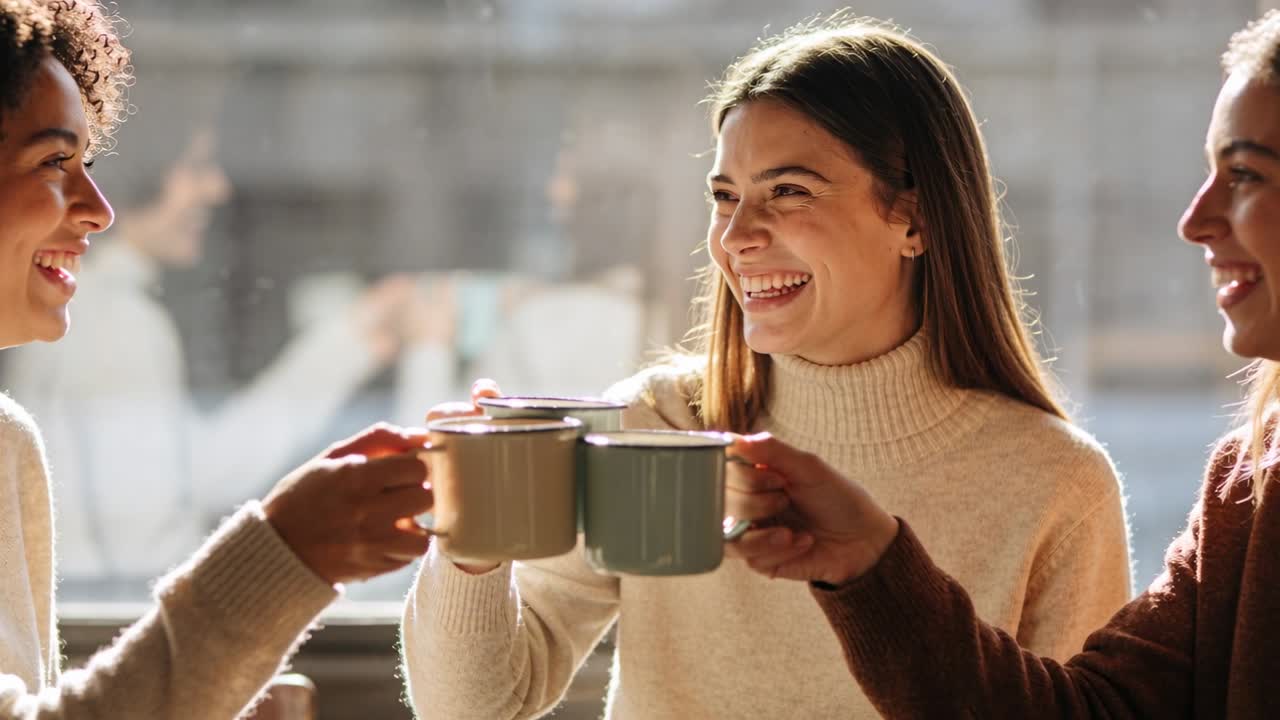Tres mujeres sonriendo levantando tazas para brindar en la ventana de una cafetería, sosteniendo tazas con borde de metal.
