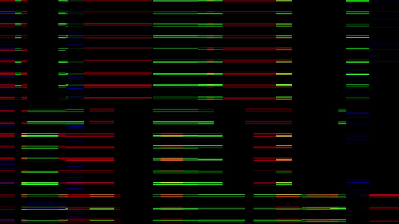 Digitaler Glitch-Effekt mit bunten horizontalen Linien auf schwarzem Hintergrund.