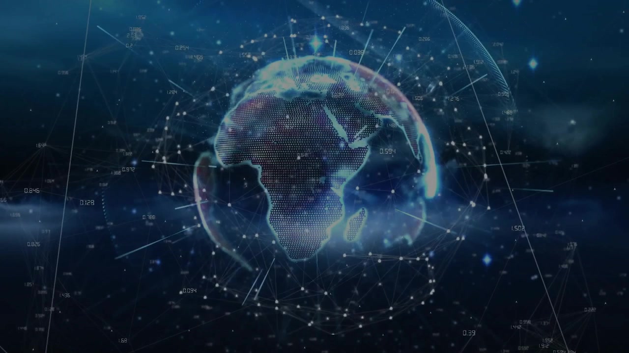 Data-driven globe emerging pulsing nodes radiating beams rotating for intensifying network view