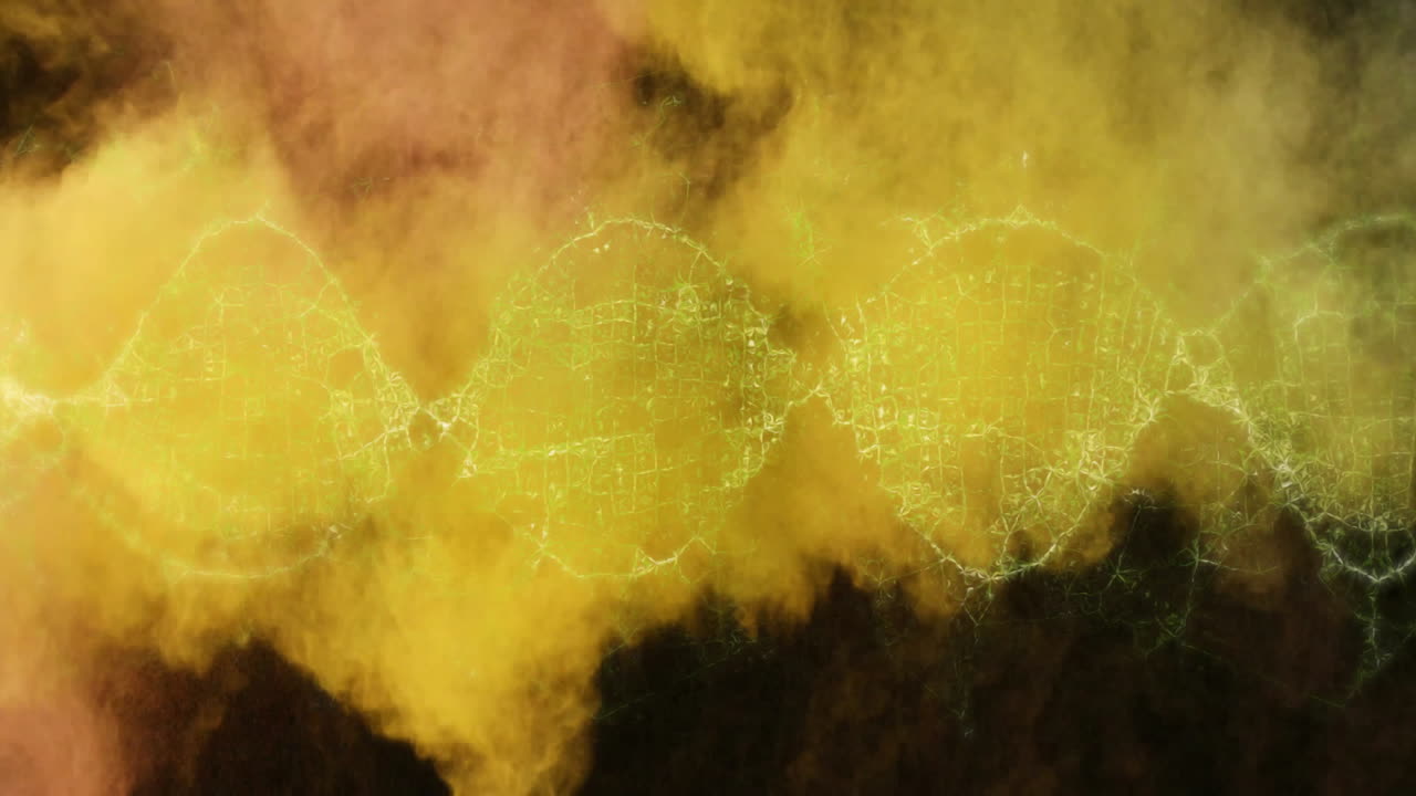 Abstract yellow cloud wave flowing across frame, overlaying green wireframe grid in 3D render