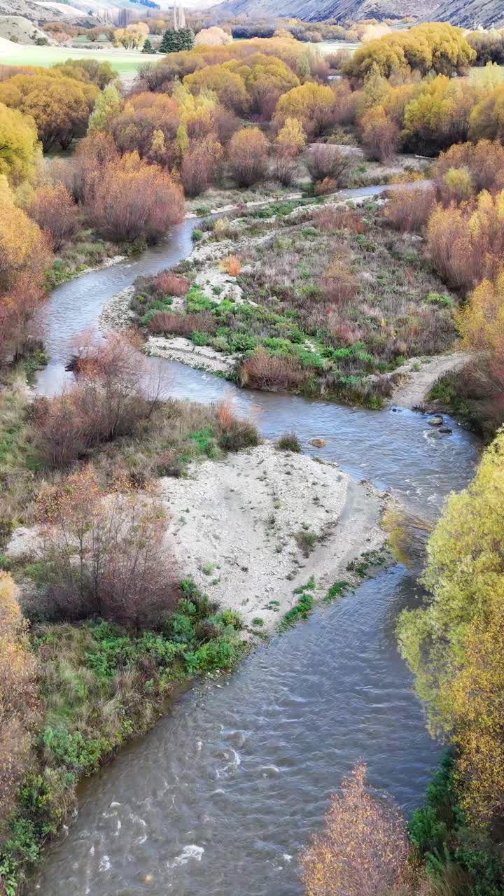 Un filmato aereo cattura un fiume tranquillo che serpeggia attraverso un vibrante fogliame autunnale sotto una luce diurna soffusa.