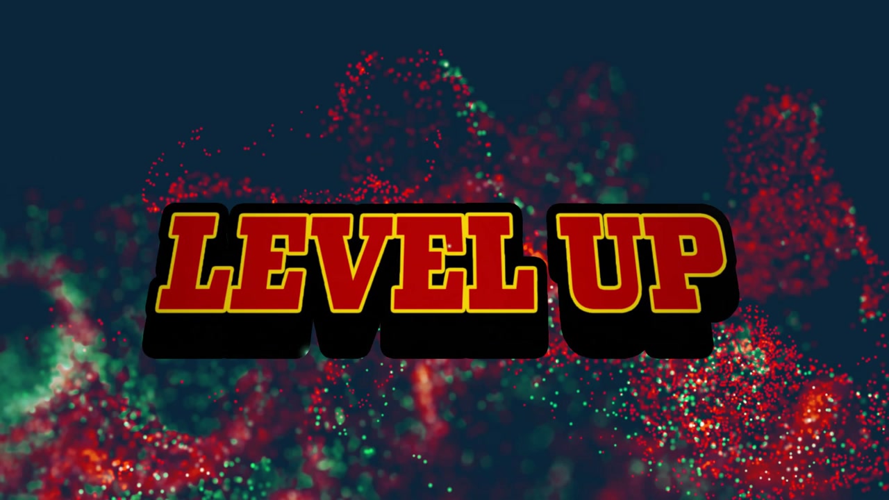 Bright cyan arrow sweeping revealing red Level Up text with swirling particles signaling upgrade