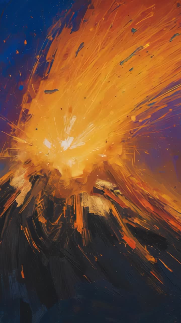 Vertical video: Volcano cone erupting lava fueling ash plume, glowing fragments on crater rim