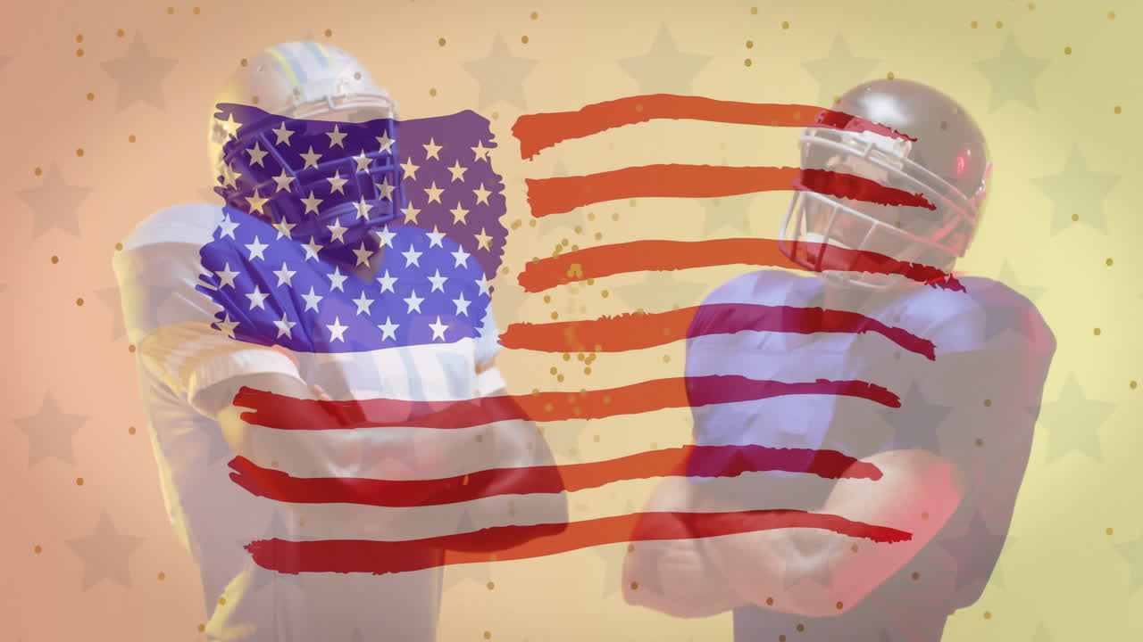 Animation of diverse american football players with ball and flag of usa