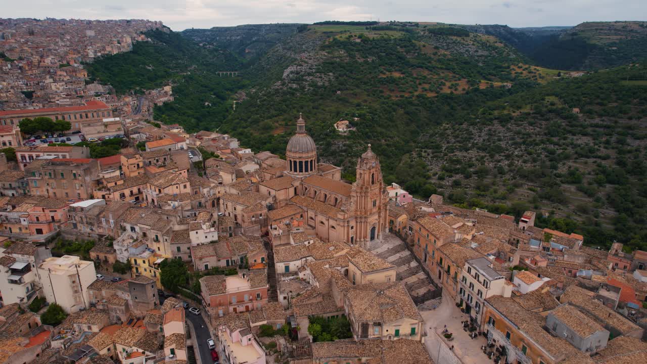 Old town of Ragusa Ibla aerial. Old historic architecture and stone buildings in Sicily, Italy. Drone