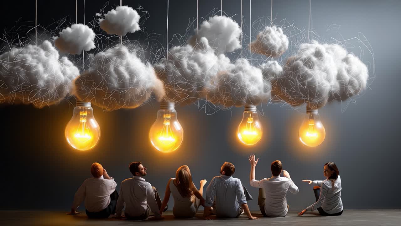 A Group of Individuals Gazing at Light Bulbs and Clouds, Representing Innovation and Creativity in an Abstract Environment Full of Illumination and Dreamlike Elements
