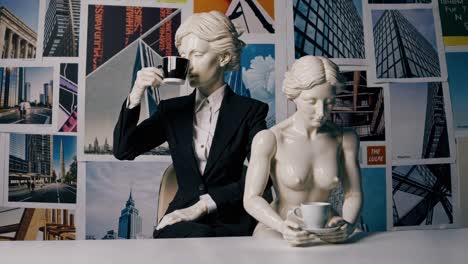 modern classical figures enjoying coffee