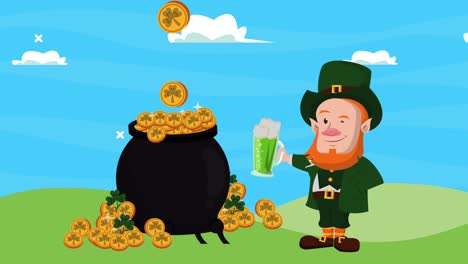 happy saint patricks day leprechaun drinking beer with treasure cauldron