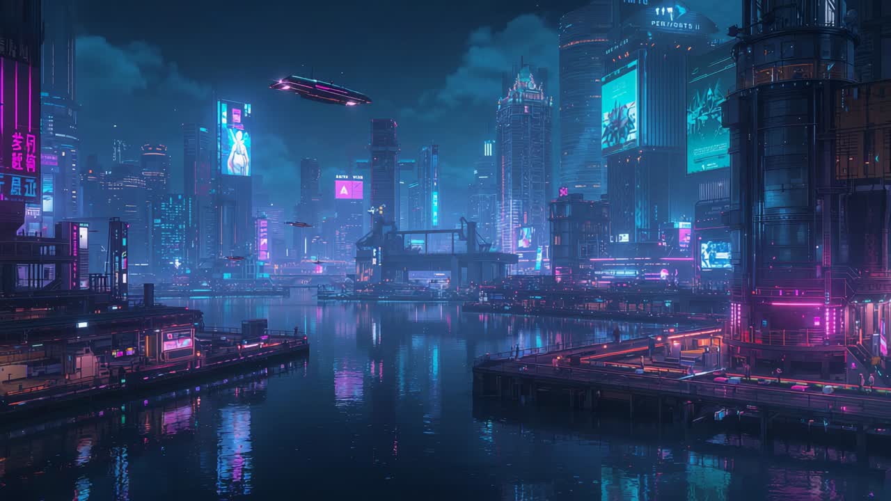 Inquadratura iniziale che mostra un elegante hovercraft che si muove verso destra attraverso un canale portuale illuminato al neon, rispecchiando i banner