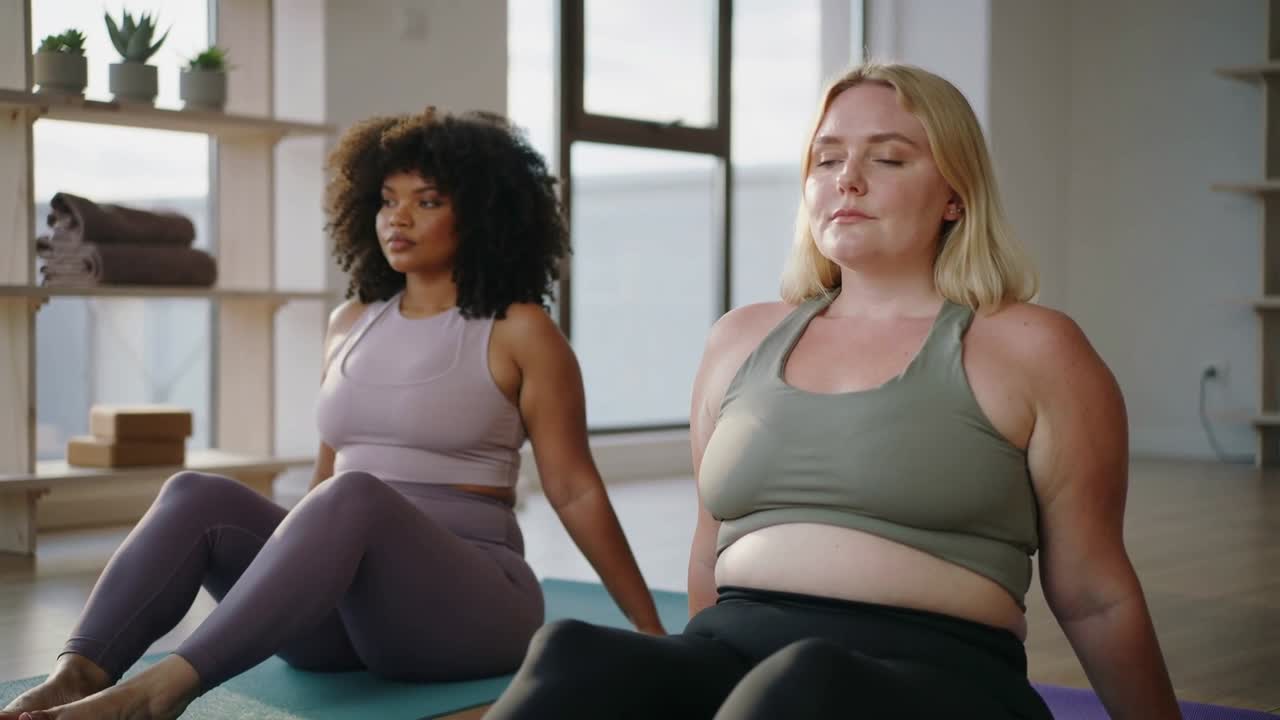 Due donne sedute su tappetini da yoga in uno studio luminoso, la donna a destra chiude gli occhi e respira per il relax.