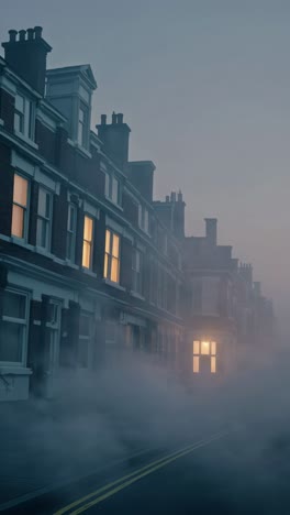 mysterious fog rolling down a london residential street at dawn, with warm, glowing windows illuminating the chilly atmosphere and creating a serene, inviting scene