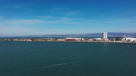 drone shot of treasure island, california with a helicopter overhead