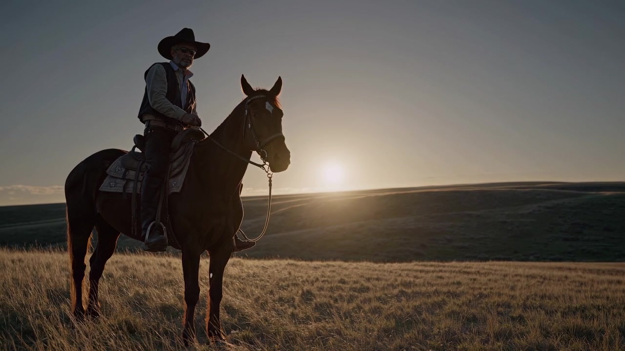 Cowboy a cavallo in un campo aperto al tramonto