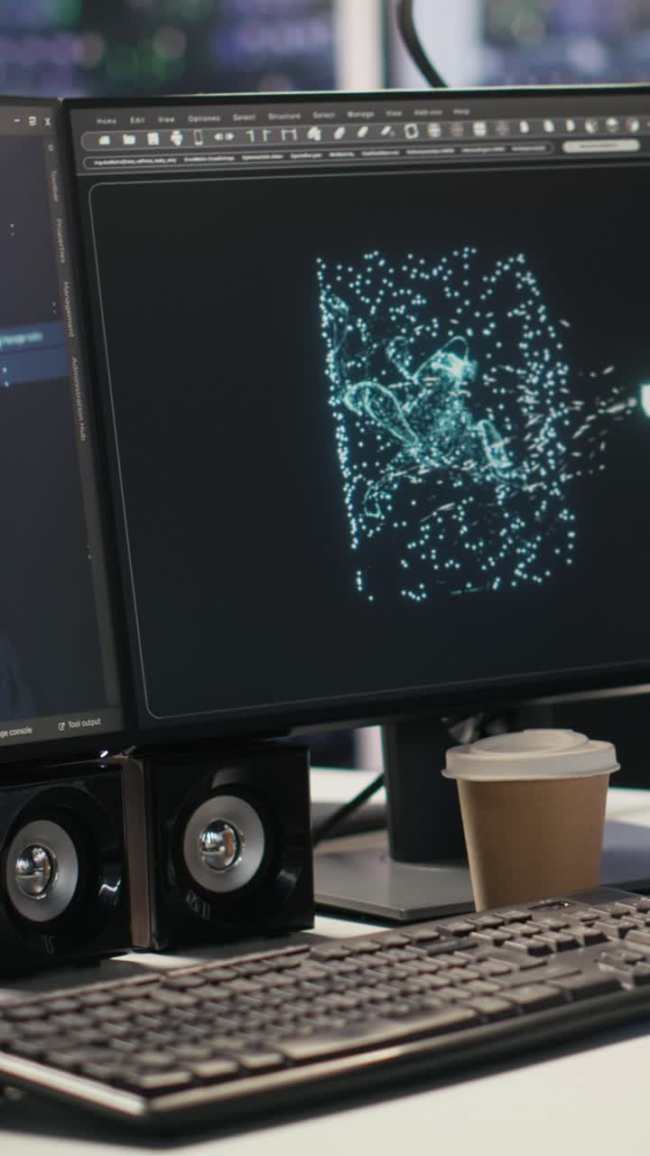 Vertical video AI development workstation in data center displaying machine learning code