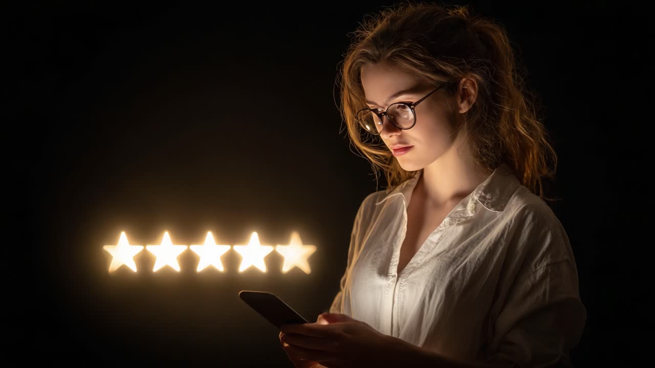 A Thoughtful Young Woman Reviews on Her Smartphone, Illuminated by Bright Stars in the Background, Showcasing a Moment of Reflection and Engagement with Digital Media