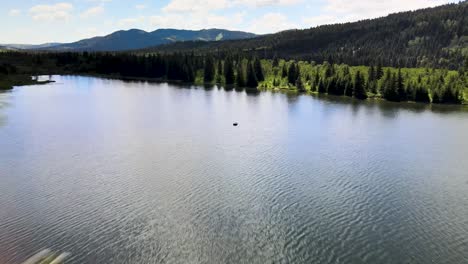 rafting in lake by mountains