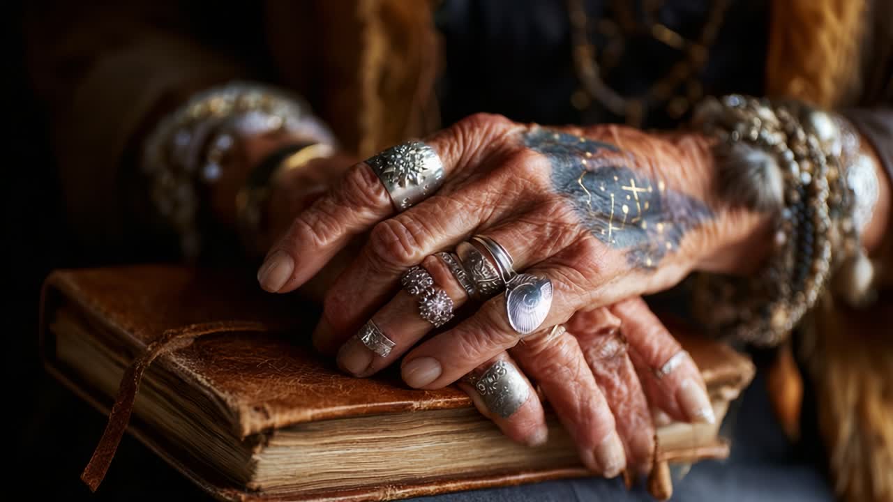 An Intimate Close-Up of Mature Hands Adorned with Intricate Jewelry, Symbolizing Wisdom and Experience, Resting on an Ancient Book, Capturing a Moment of Reflection and Beauty