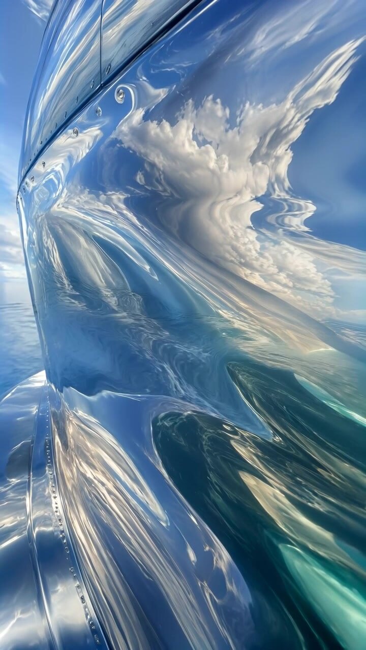 Un materiale trasparente scintillante forma onde morbide e pieghe sovrapposte mentre i riflessi di luce si muovono su toni blu freddi, mostrando superfici curve, profondità e una texture astratta lucida.