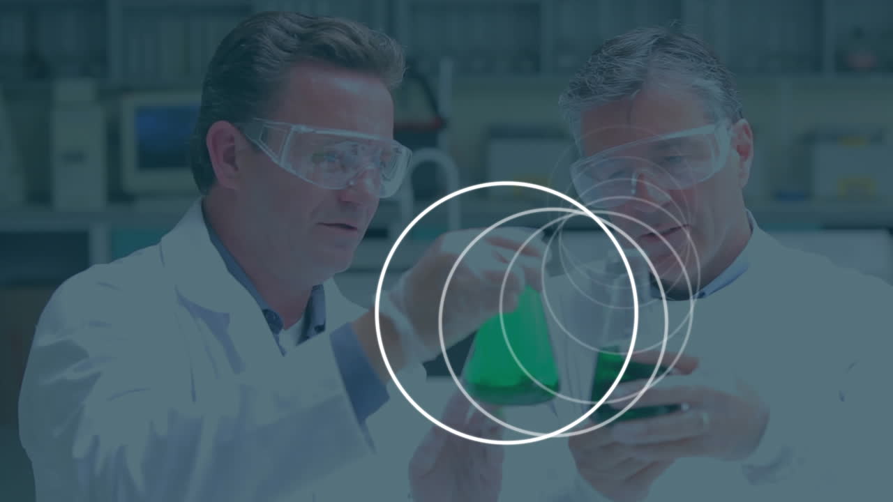 animación de formas geométricas sobre dos científicos en el laboratorio