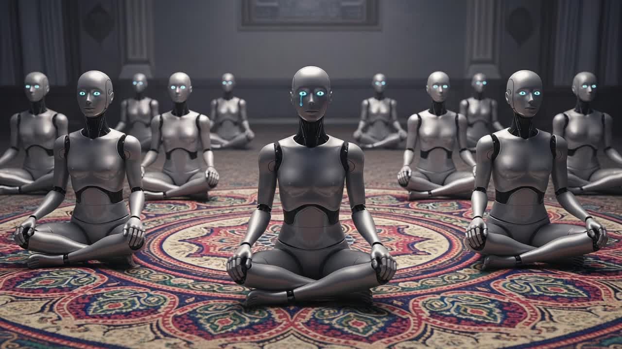 A Tranquil Assembly of Futuristic Robots in a Meditation Pose on an Ornate Carpet, Exploring the Intersection of Technology and Inner Peace in a Serene Environment