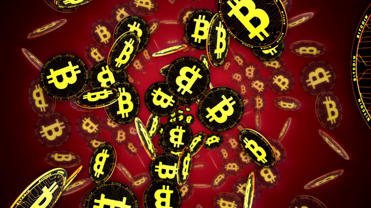 animación de monedas de bitcoin, fondo, renderización y bucle