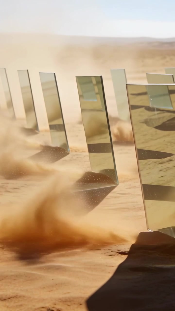Vertical video: Blowing wind moving sand plumes past mirrored panels on sand plain, reflecting sky