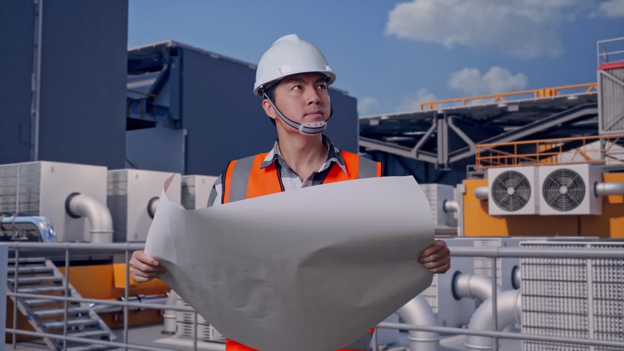 Asiatisk mandlig ingeniør med sikkerhedshjelm, der ser på en tegning i sine hænder og ser sig omkring, mens han står og inspicerer HVAC-enheder på taget af en industribygning.