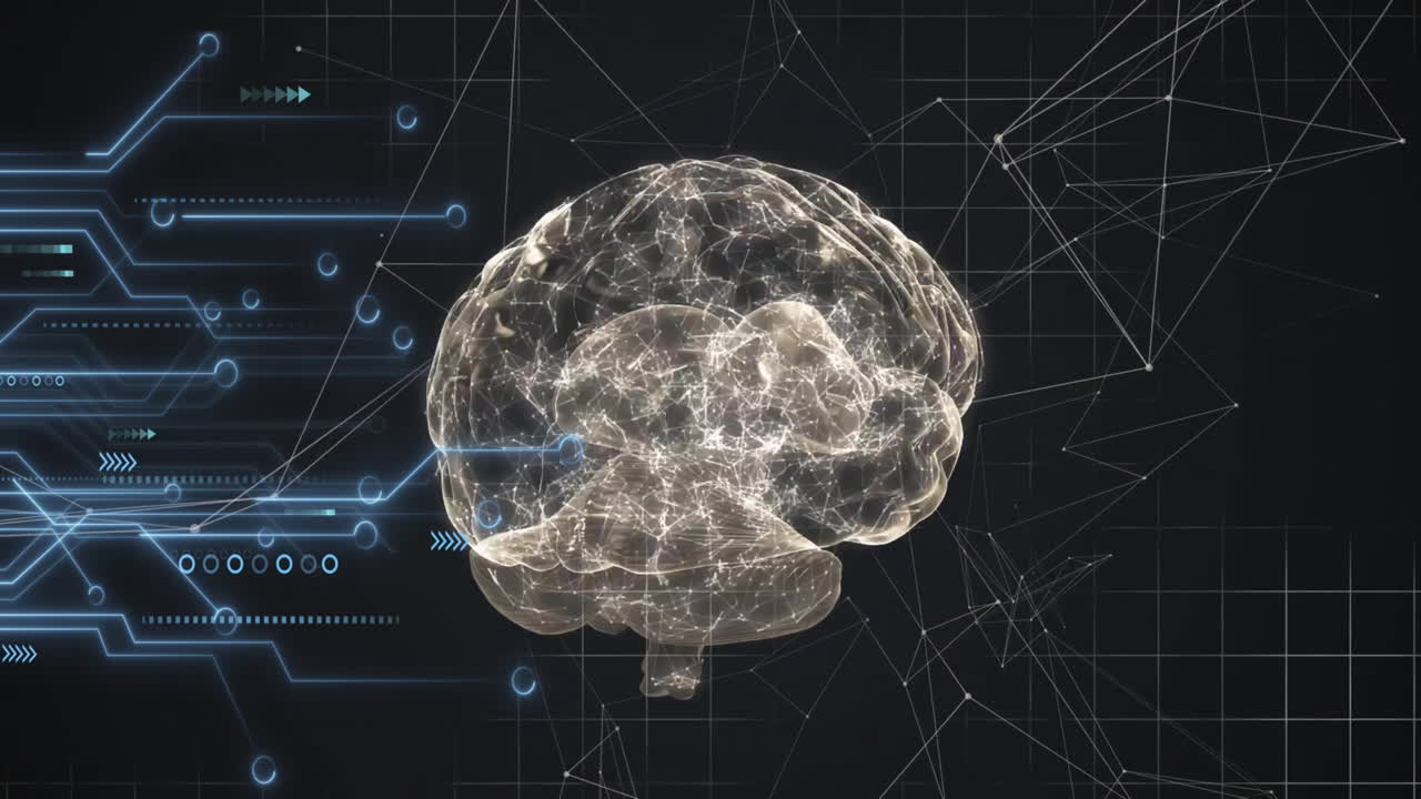Animation of human brain and data processing over dark background