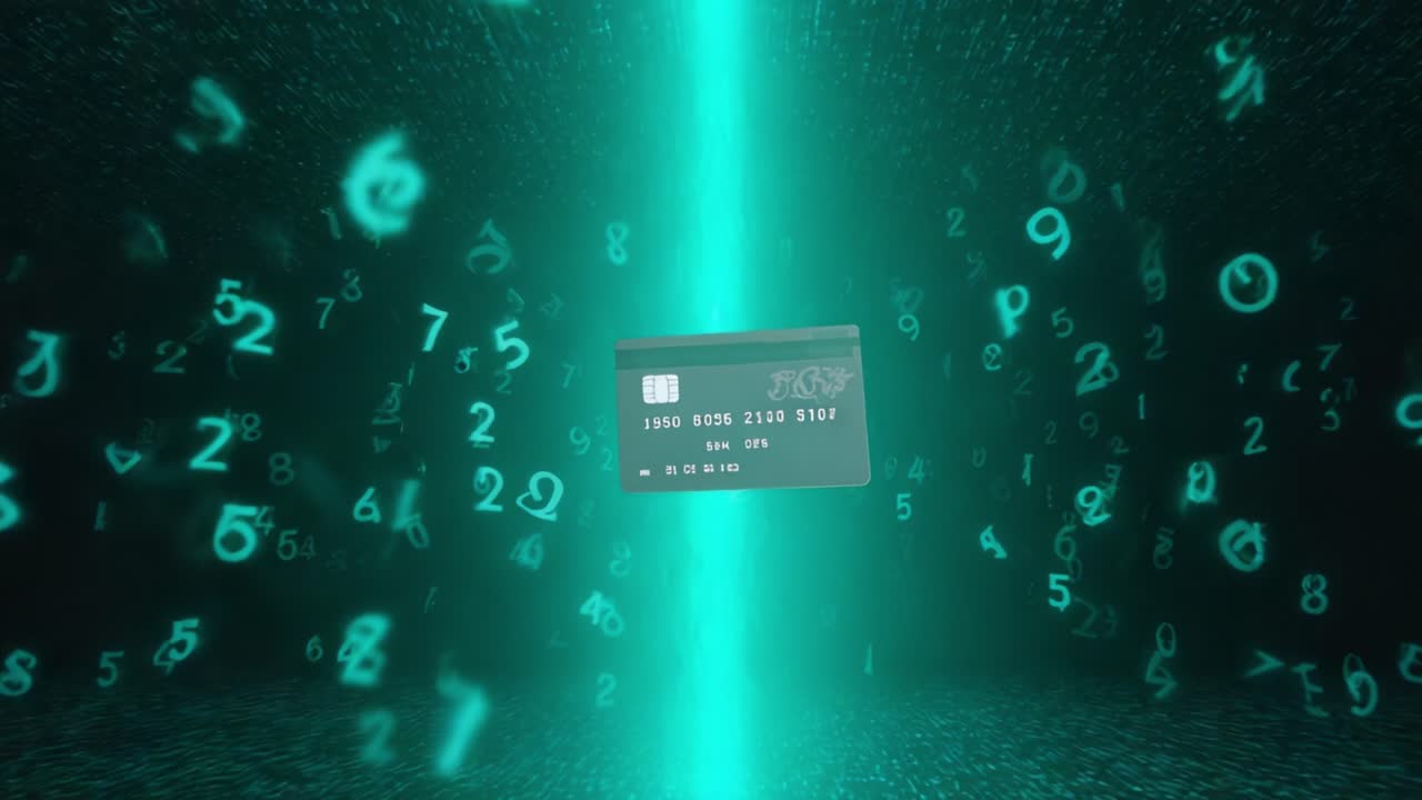 Futuristic credit card floating in a digital environment filled with glowing green numbers, representing online payments, e commerce, and the security of financial data in the digital world