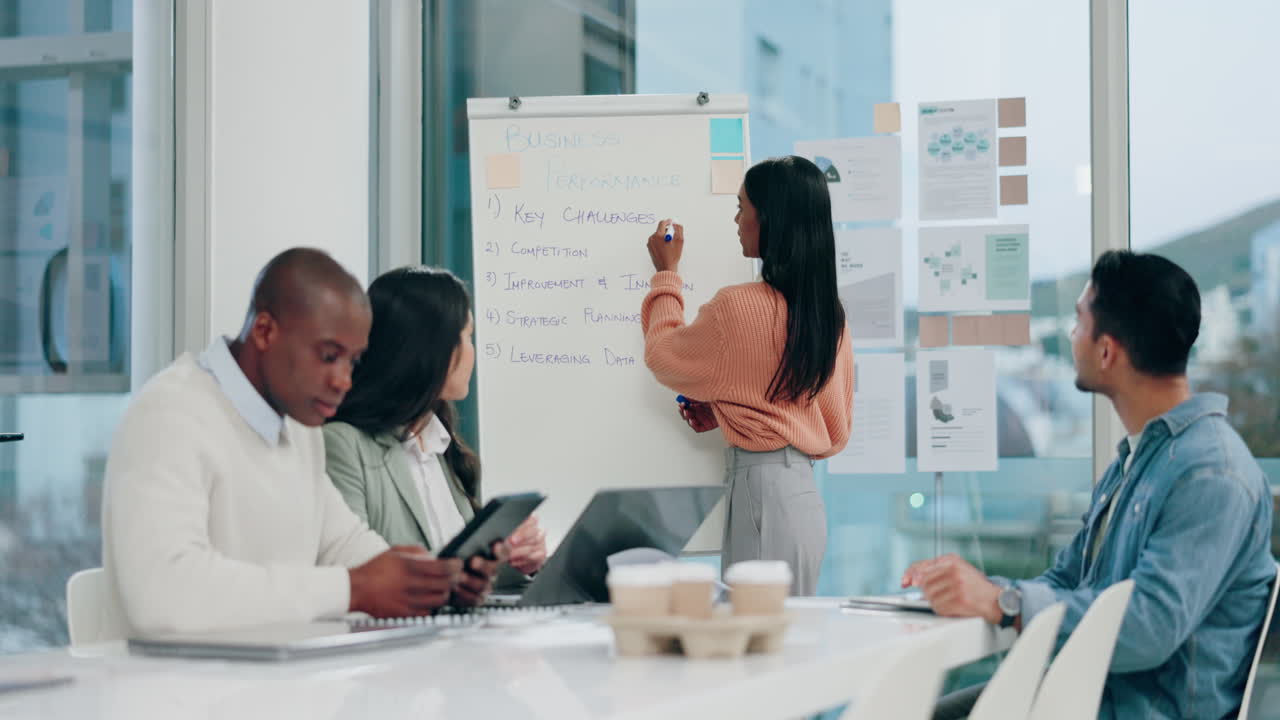 Presentation, planning and business woman talking