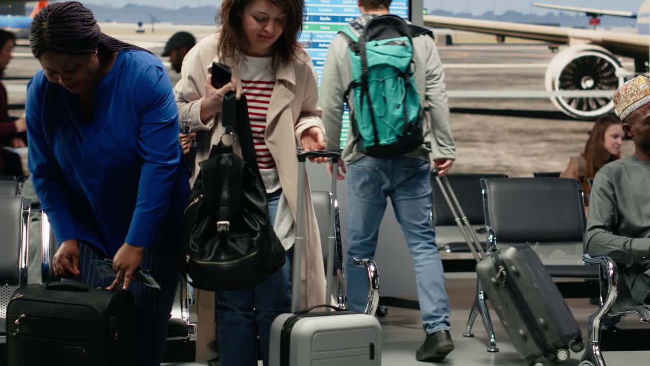 Women travelling together, chatting inside busy airport lounge