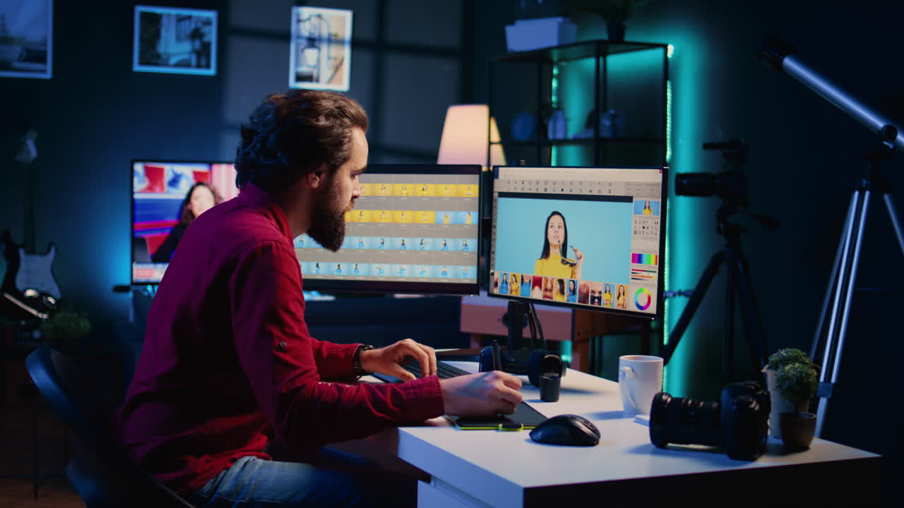 헤드폰에서 음악을 듣는 동안 최고의 사진을 선택하는 사진 편집자