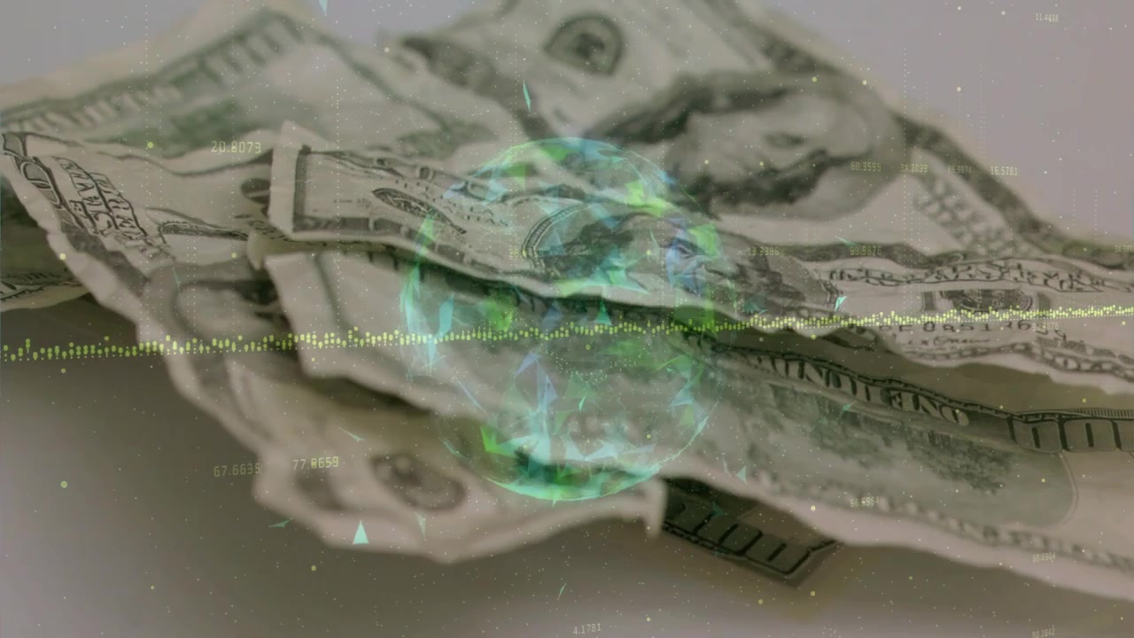 Holo appearing over USD bills, rotating down-right, waveform pulsing, view tilting revealing layers
