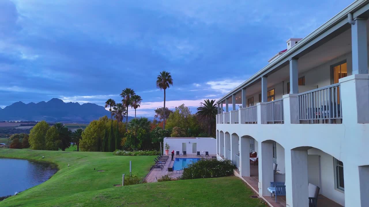Drone capturing the beautiful side structure of the Asara wine restaurant