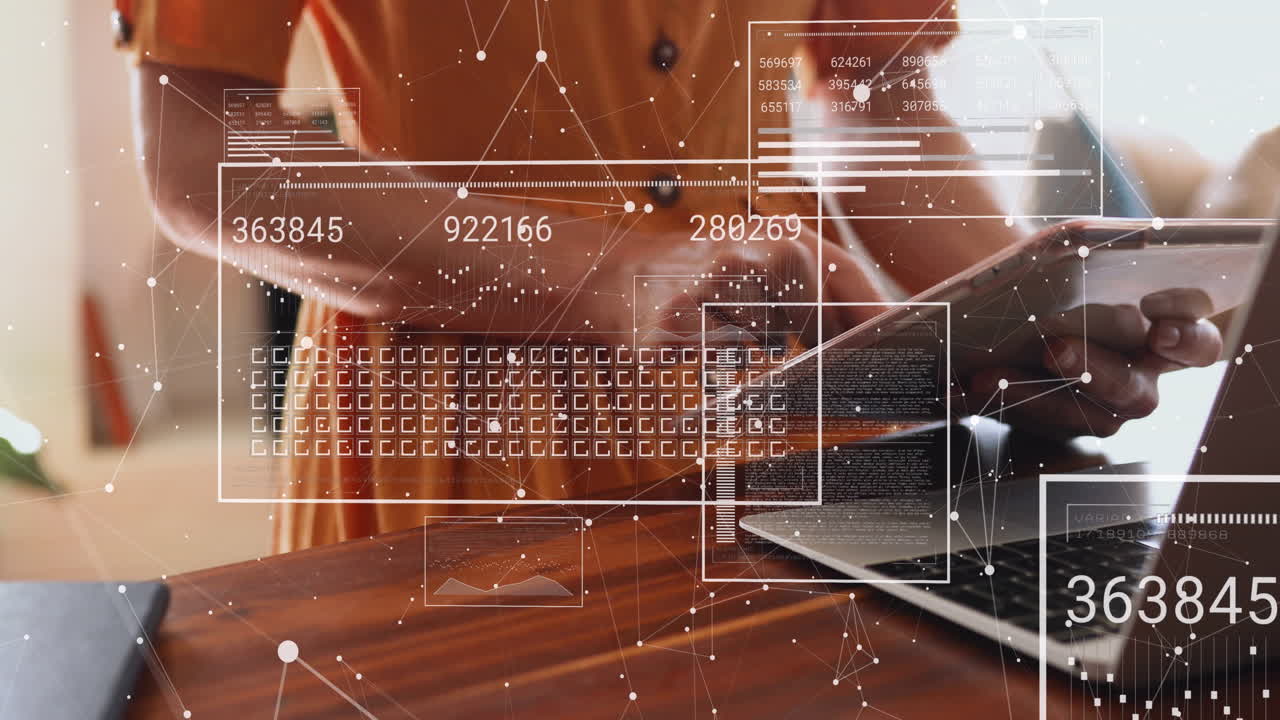 Animation of changing numbers, connected dots, caucasian woman using laptop and digital tablet