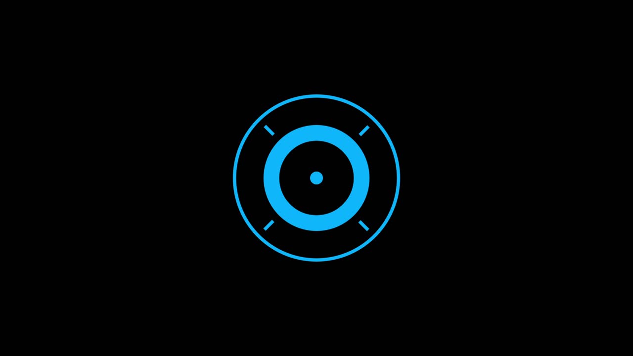 A futuristic blue HUD targeting reticle with spinning internal elements and concentric circles on a black background. For tech or military use