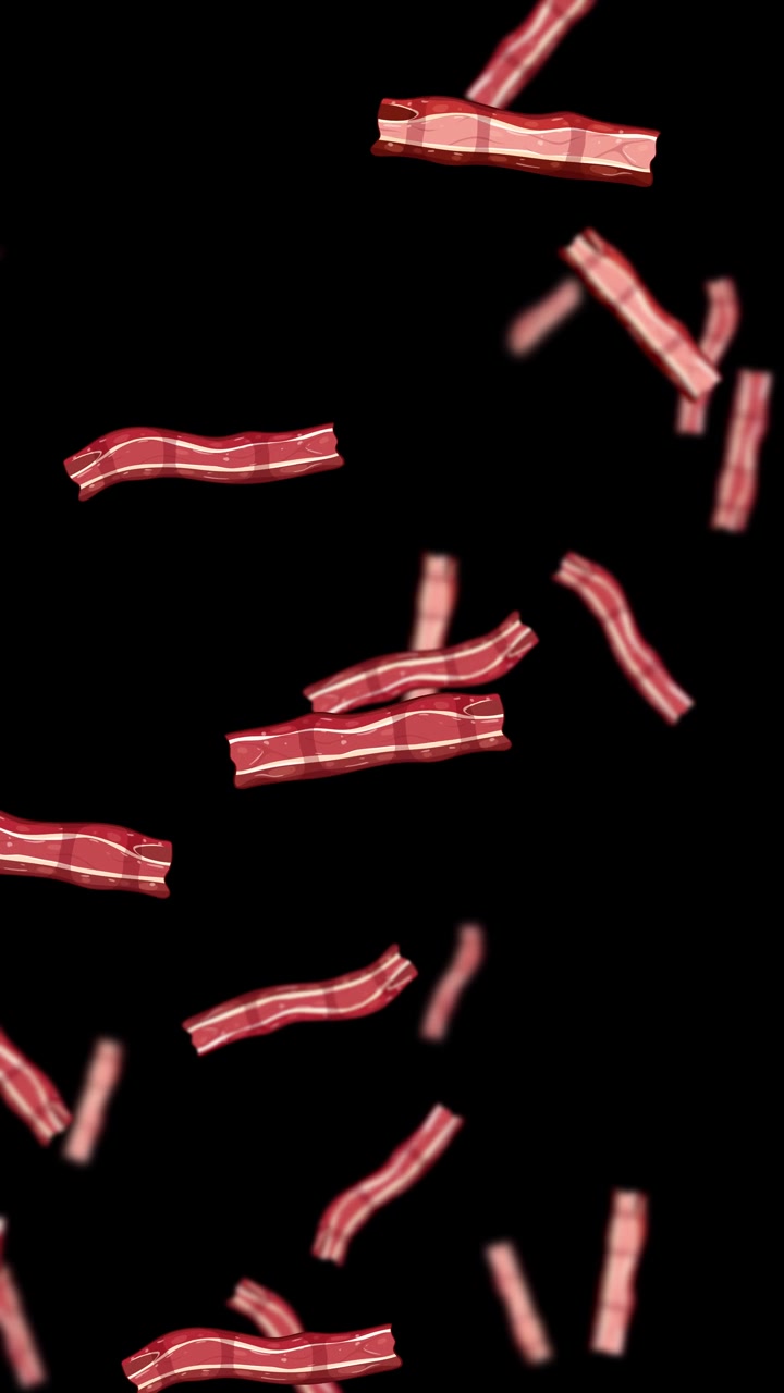 Animazione verticale in loop di fette di pancetta che piovono verso il basso su uno sfondo nero pulito con movimento fluido.