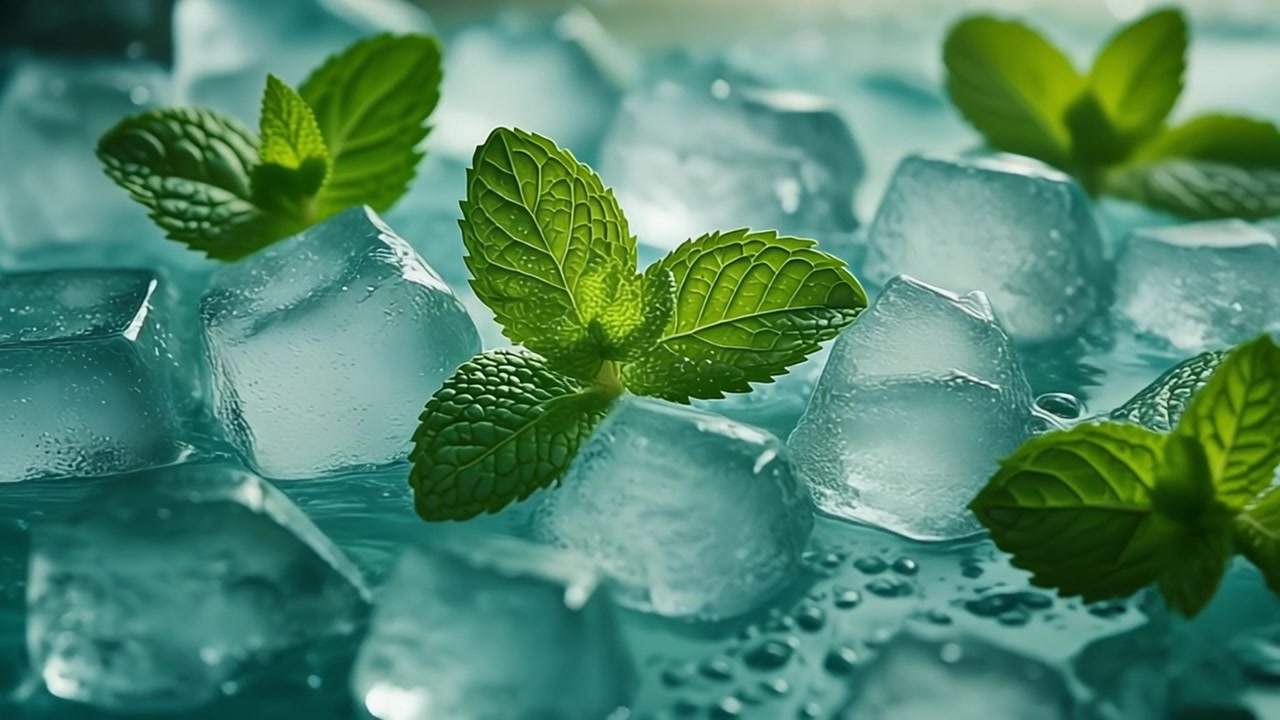 Frische Minzblätter ruhen auf schmelzenden Eiswürfeln