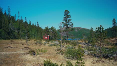 Vista-De-La-Cabaña-Cerca-De-Un-Lago-En-El-Bosque-En-Indre-Fosen,-Noruega---Plano-Amplio