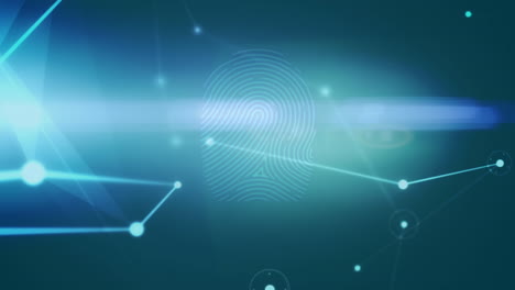 animation of biometric fingerprint scanner and network of connections against blue background