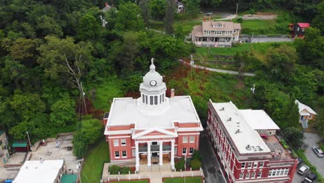 aerial view of a small town courthouse and surrounding buildings