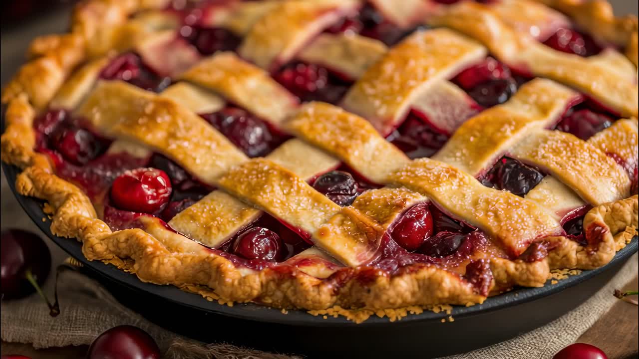 Freshly baked cherry pie cooling on a table, featuring a golden brown lattice crust and glistening red cherry filling, creating a tempting image of warmth and sweetness