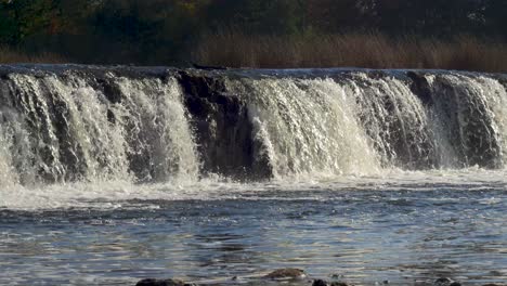 venta river rapid wide shot, the widest waterfall in europe in sunny autumn day, located in kuldiga city, latvia