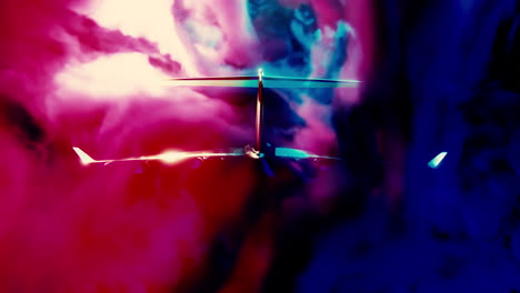 airplane in a colorful smoke cloud