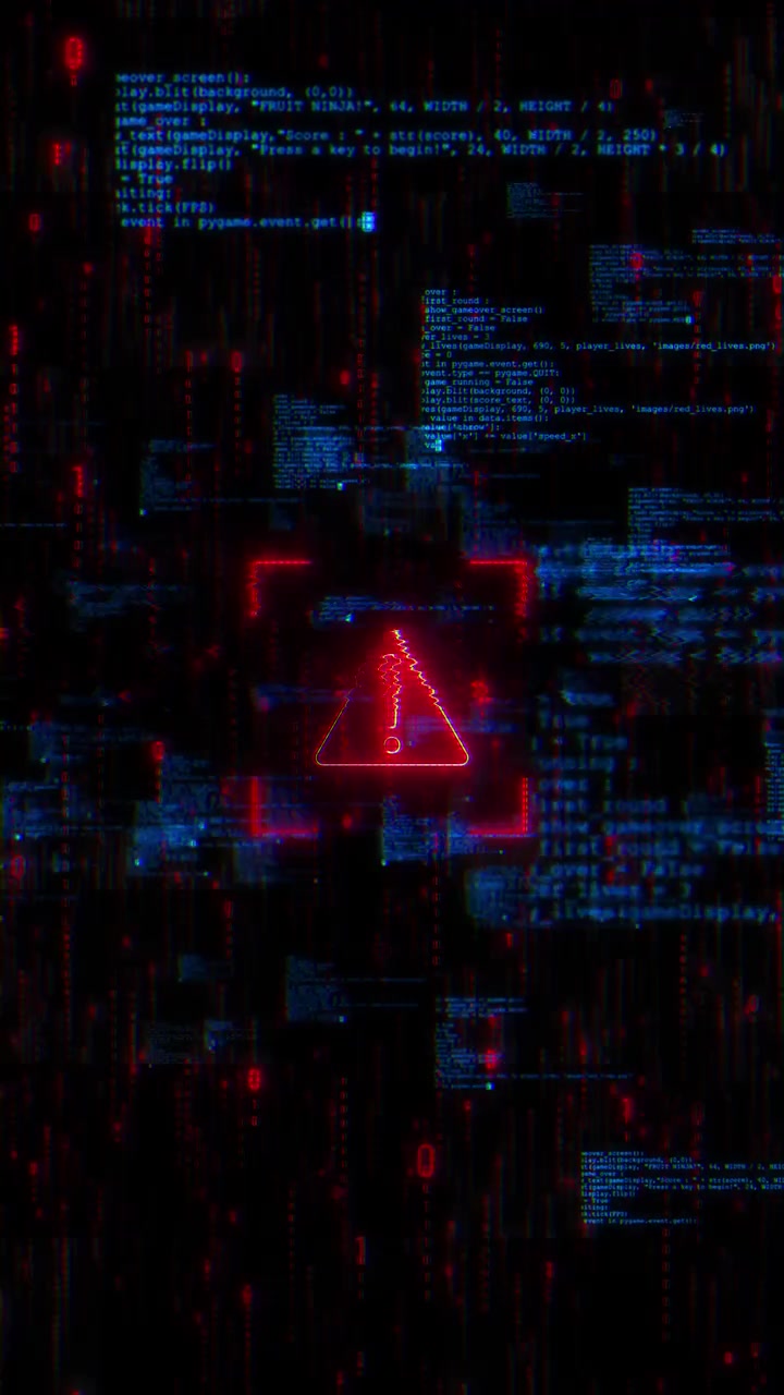 Neongult advarselstrekant viser korrupt kodeskærm med blå digital forvrængning til videoer om cybertrusler.
