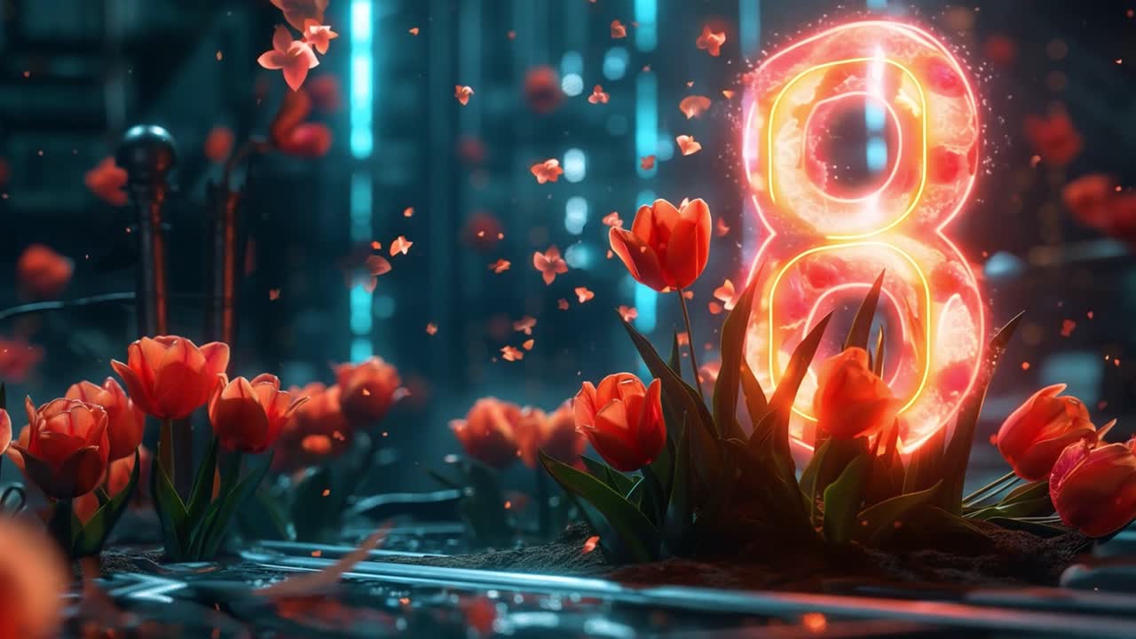 Glowing Number 8 with Red Tulips for International Women's Day