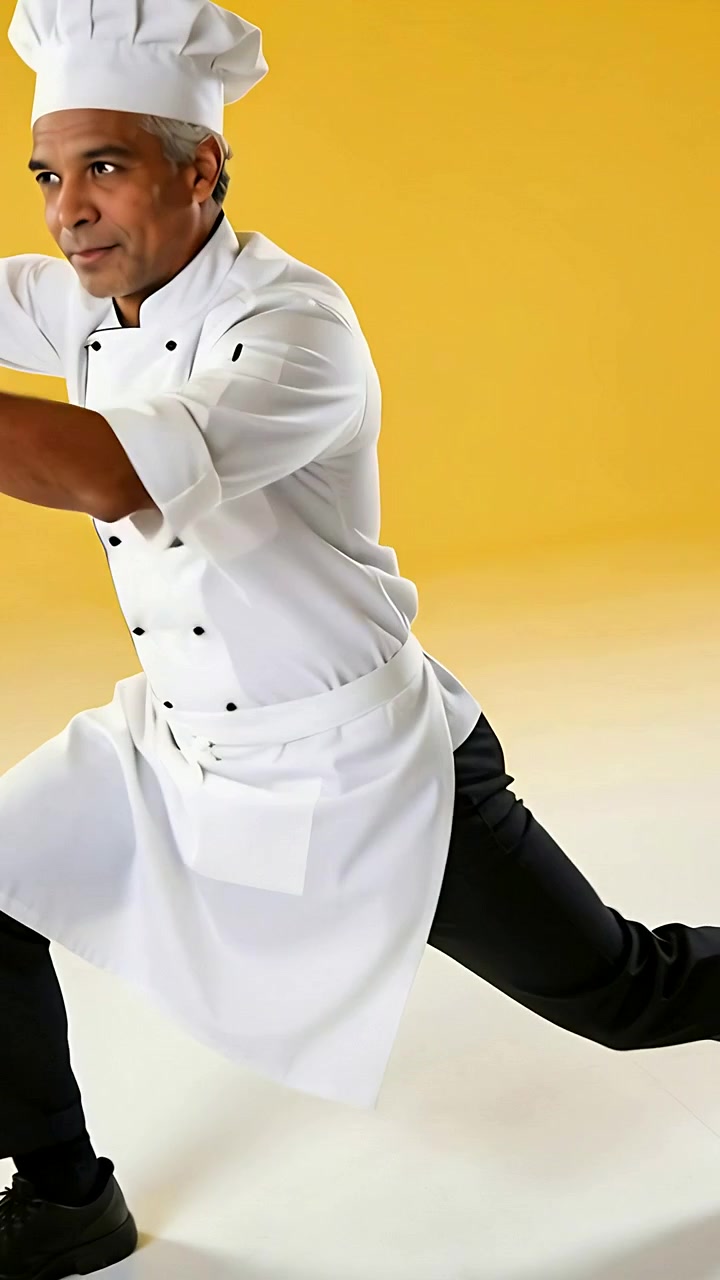 Video verticale: Chef che si esibisce in uniforme completa, si protende e sbatte con la frusta in studio con asciugamano e frusta