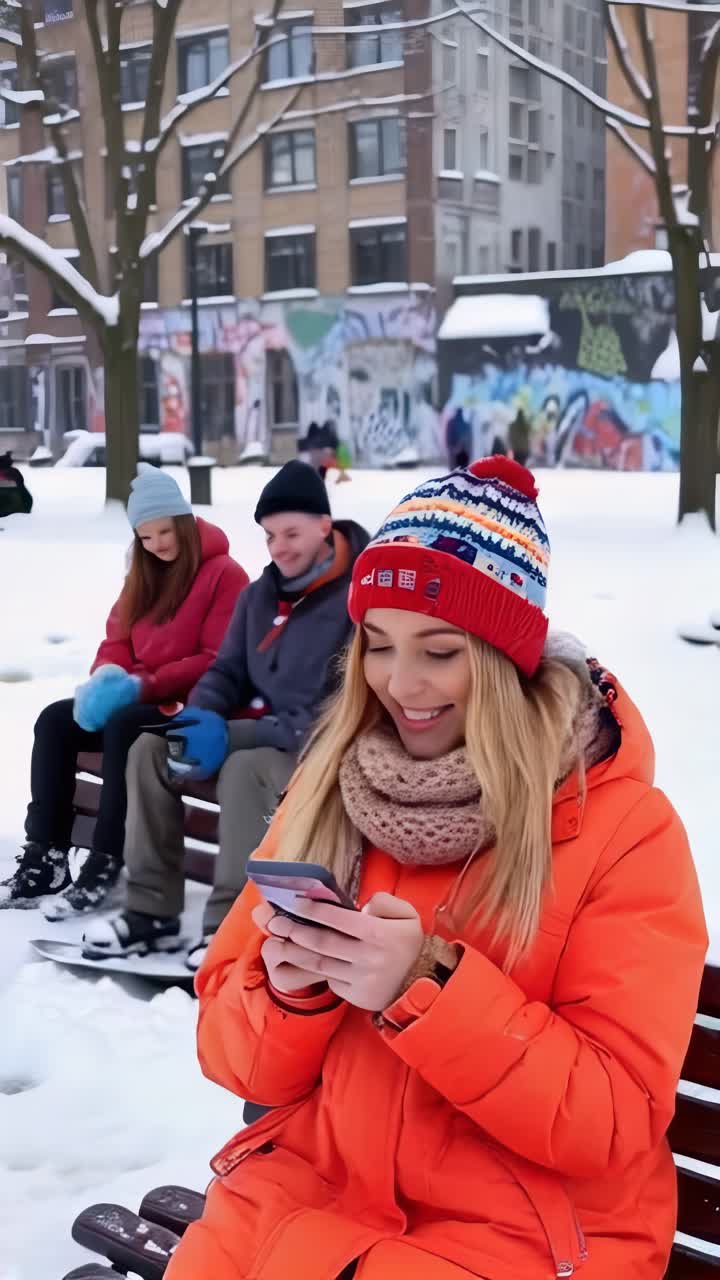 A blonde woman is sitting on a bench with phone in his hand. He is smiling and enjoying in winter