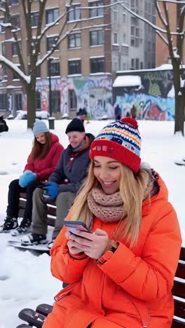a blonde woman is sitting on a bench with phone in his hand. he is smiling and enjoying in winter
